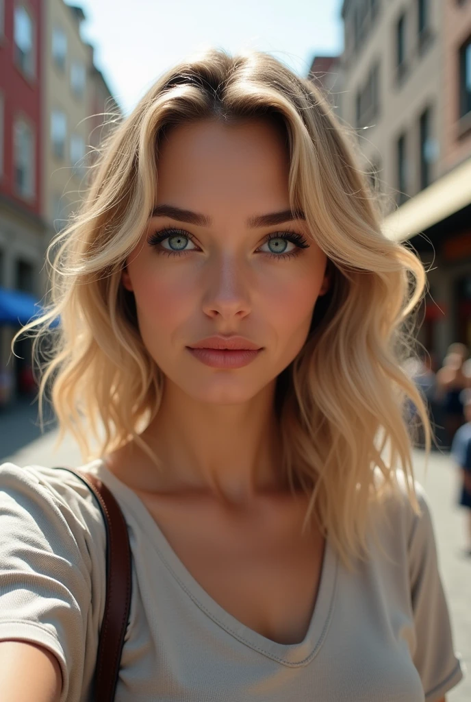 Une jeune femme aux yeux bleus, belle apparence, Belle lèvre, cheveux blonds ondulés mi-longs avec des mèches et très réalistes, en selfie, habillée simplement , dans la rue 