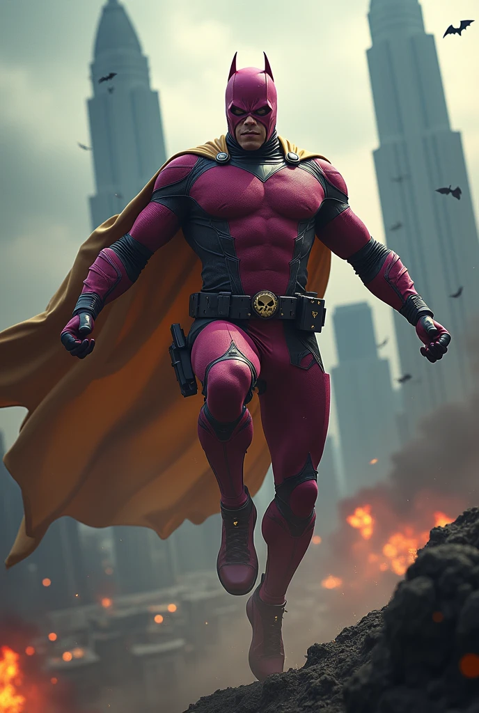 Malaysia man in high-tech suit, vivid effects, malaysian superhero (KELUANG MAN) in a striking pink and beige costume cyberpunk design, mask small mini bat ear beige, daredevil beige mask, jumpsuit dark pink stands confidently in a dramatic.jumping from high place.hero costume.one hand rise up. Big triangle logo on the chest.high detail Punisher logo on the chest. Fighting pose , stormy landscape. ((Head covered node guard like batman. Running pose , athletic body type, small mini ear bat mask))The character wears domino mask a helmet with pointed mini torn ears and a flowing cape biege, open nose and mouth. Equipped with visible futuristic weapons on a belt,bullet proof jacket pink dark day.show fingers pose, dark night, big supermoon effect . Small logo on chest triangle shape small punisher logo center(( skull triangle Casey Jones mask shape logo)) center on chest pink logo mini logo . rocky. Building top.smoke ground , bomb effect background, losse pants, losses costume.adding to --ar 3:4 --style raw --stylize 500 --v 6.1. chaos. Lot of small flying bat. One leg on the high stone. Man. Wear hologram watch.. Real man age 40 year old. One hand holding belt.one hand holding black rope hanging on building. Big pant pink. Beige cape joodie.(( Loose pant)) , jump on high building)marvel , X-Men.