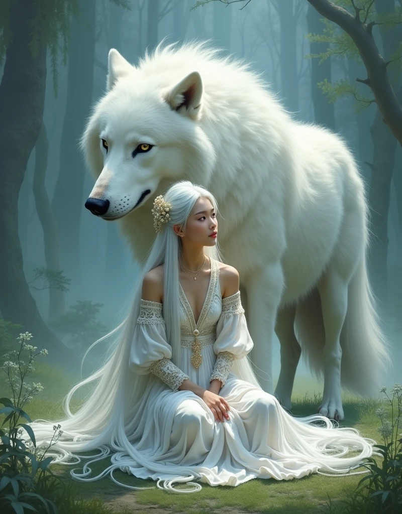 a chinese woman in a short cropped white chinese dress with long white hair sitting on the ground with a white wolf next to her, mystical art, fantasy art, epic digital painting, epic digital art illustration, wlop painting style, wlop art