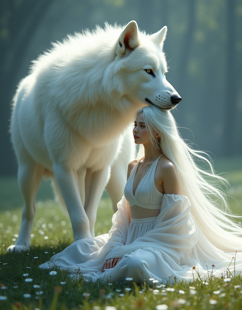 a chinese woman in a short cropped white chinese dress with long white hair sitting on the ground with a white wolf next to her, mystical art, fantasy art, epic digital painting, epic digital art illustration, wlop painting style, wlop art