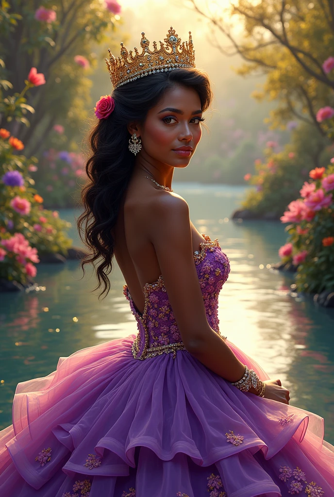 Dark-skinned woman in a purple quinceanera dress with pink flowers, purple and yellow with a golden crown with silver stones and a red rose in a lake in the afternoon full of flowers and green leaves