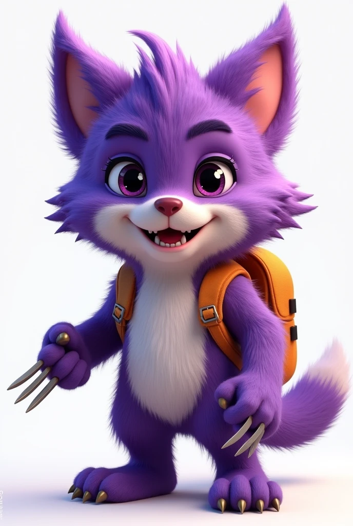 purple wolverine with school backpack, smiling
