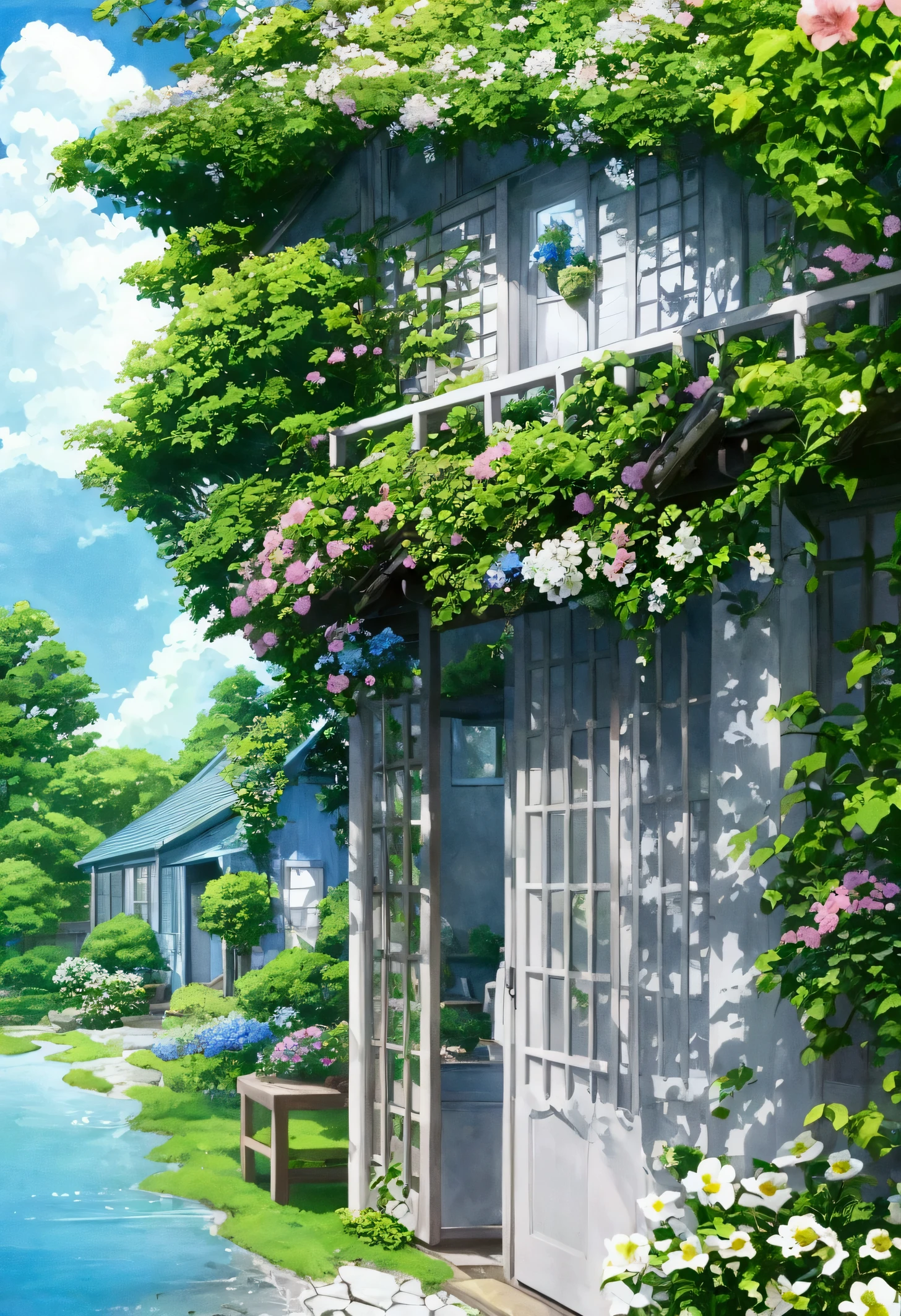 A serene seaside cottage surrounded by blooming flowers and lush greenery, set against a clear blue sky with fluffy white clouds. The scene is bathed in warm sunlight, casting soft shadows on the cottage and the garden. The style is reminiscent of a detailed and vibrant Japanese anime landscape, focusing on a peaceful and idyllic atmosphere similar to the works of Makoto Shinkai