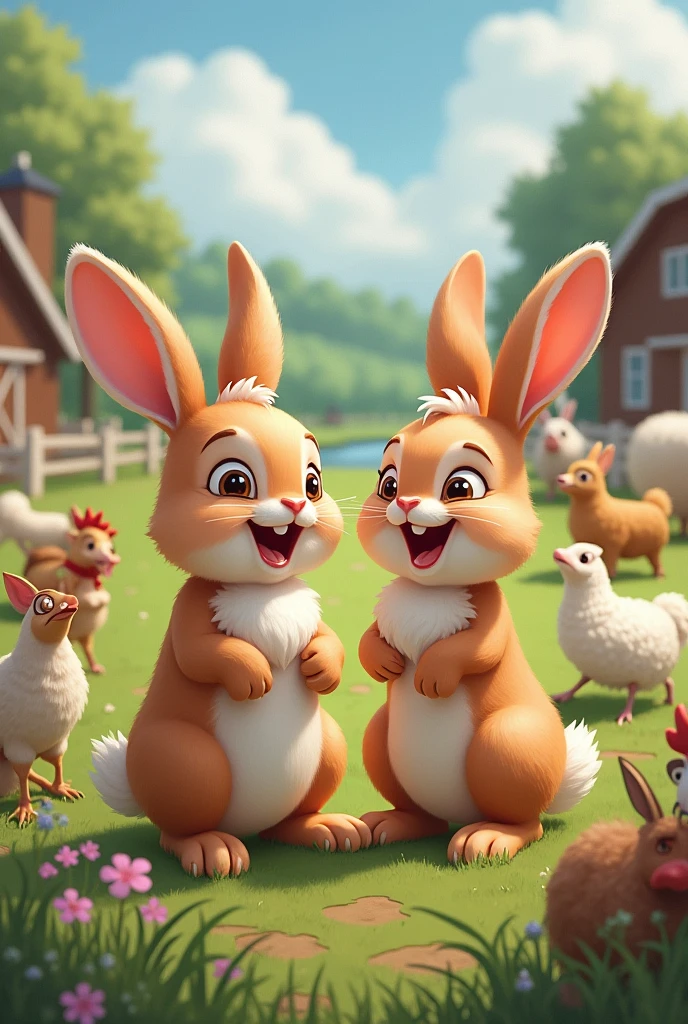 Two rabbits laughing at farm animals