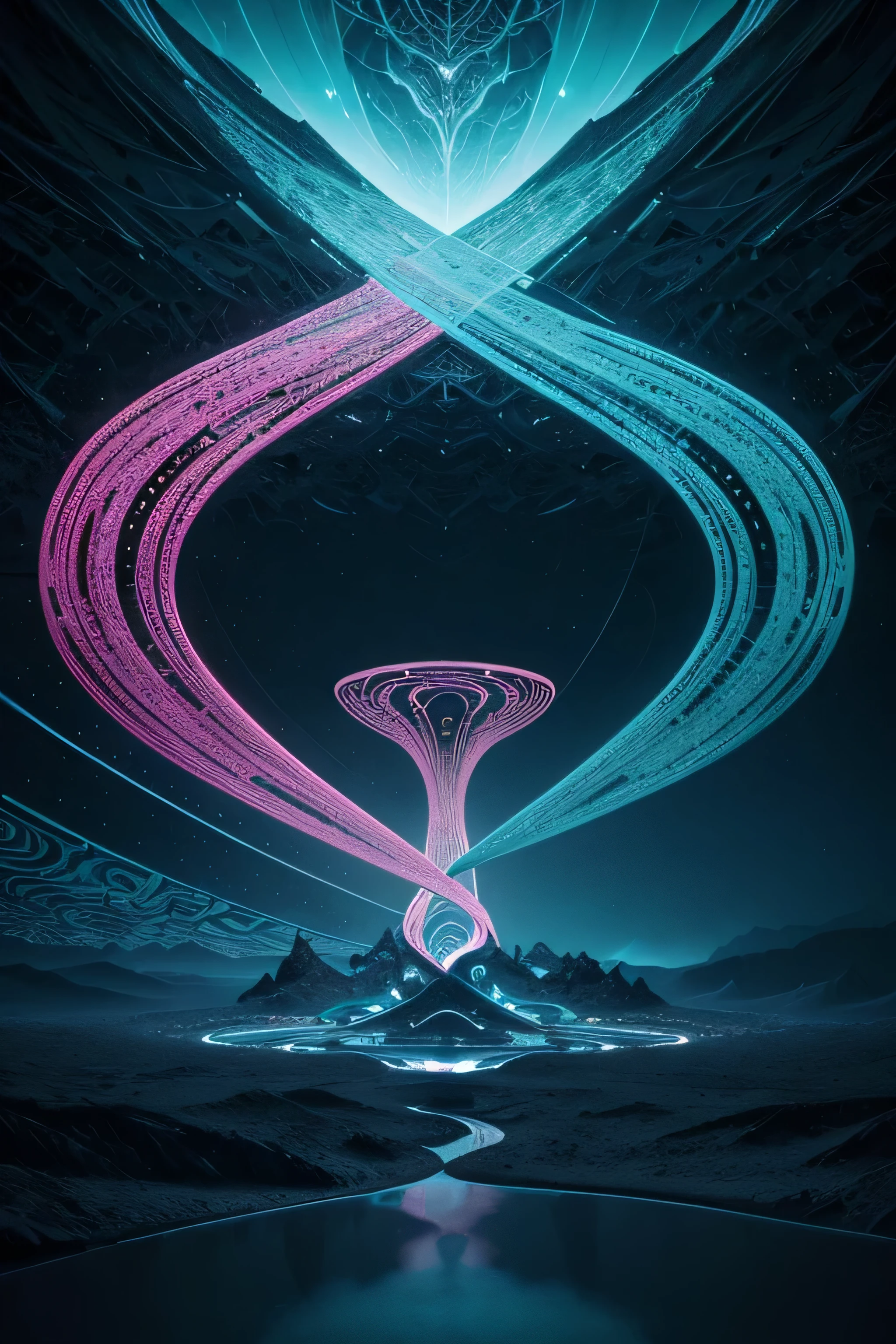 a surreal abstract landscape, digital art, intricate geometric shapes, flowing organic forms, vibrant colors, dynamic composition, ethereal atmosphere, futuristic aesthetic, high contrast, dramatic lighting, 4k, 8k, detailed, photorealistic