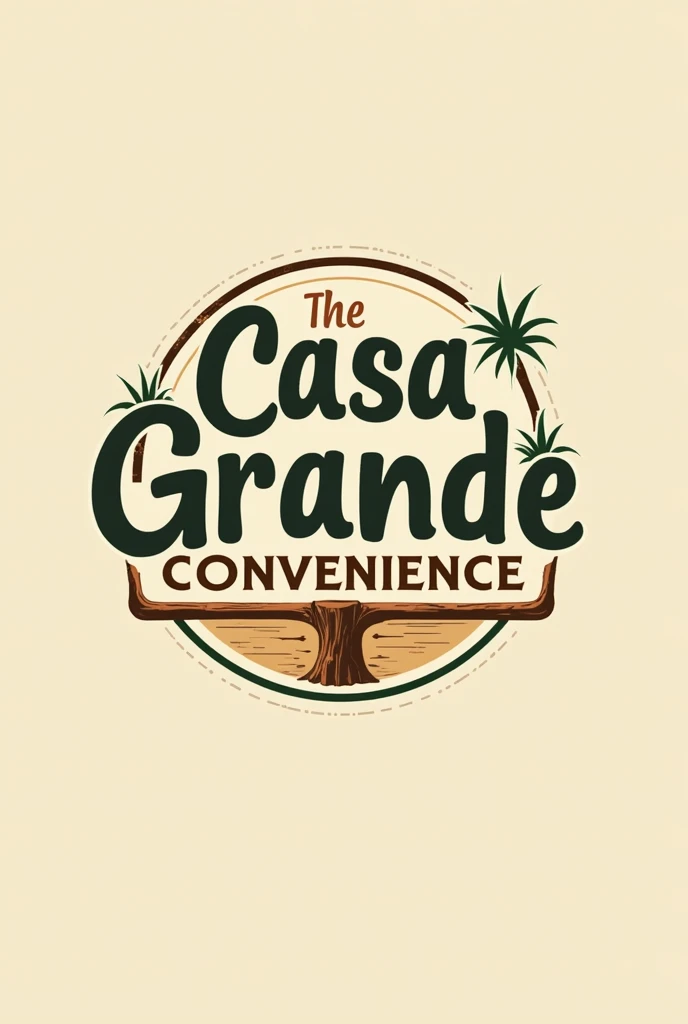 Develop a modern and engaging logo for a convenience called "Casa Grande Convenience". The design must balance a contemporary aesthetic with a country vibe., incorporating elements that evoke a rural and welcoming environment. Consider using icons that are reminiscent of a country house, like rustic wood, signposts or country details, while maintaining a clean and updated look. The color palette should include warm, natural tones, like brown, green and beige, to reflect the simplicity and comfort of a well-located store. Ensure the logo is visually appealing and easily recognizable, capturing the practical and friendly essence of convenience.