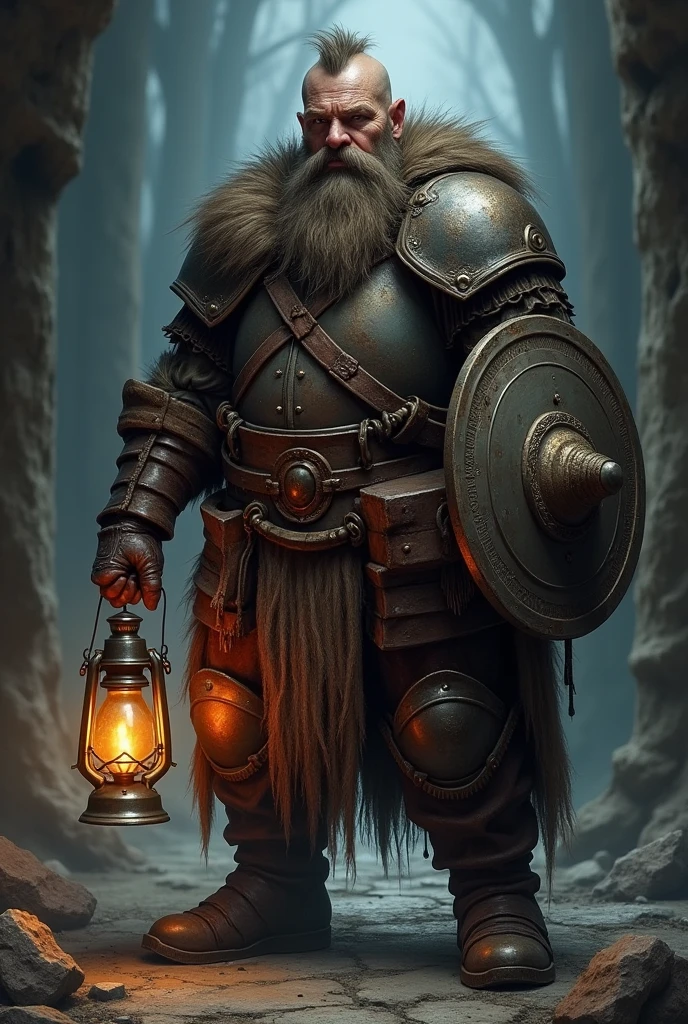 A dark grim fantasy dwarf wearing rusty full plate armour, skinny young male, with a long beard short hair, holding a lantern in one hand and a shield with the other, an ancient spell book tied to his belt