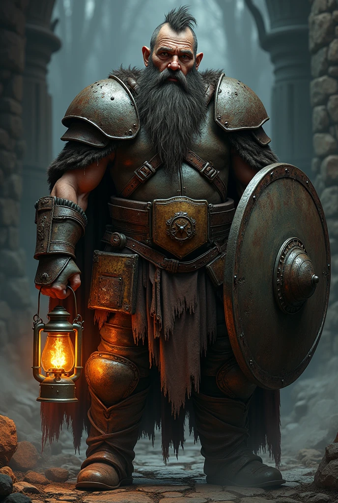 A dark grim fantasy dwarf wearing rusty full plate armour, skinny young male, with a long beard short hair, holding a lantern in one hand and a shield with the other, an ancient spell book tied to his belt