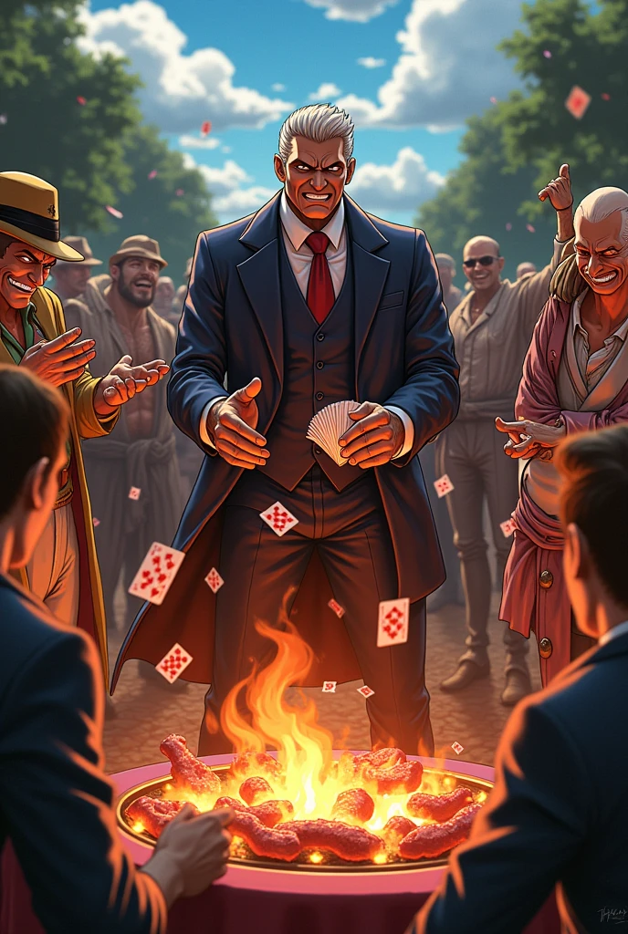 Basil Hawkins, throwing cards,at a barbecue,along with doflamingo,sakazuki, Rayleigh e Monkey d.Garp.