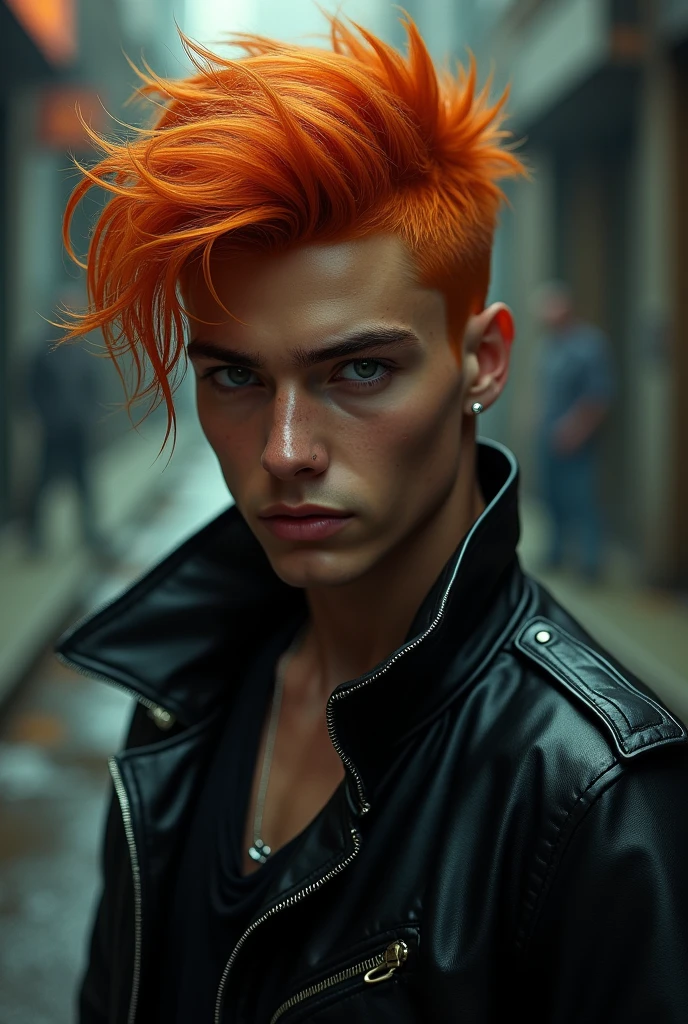 Create an intimidating and attractive young man who has orange hair. He has a nose piercing 