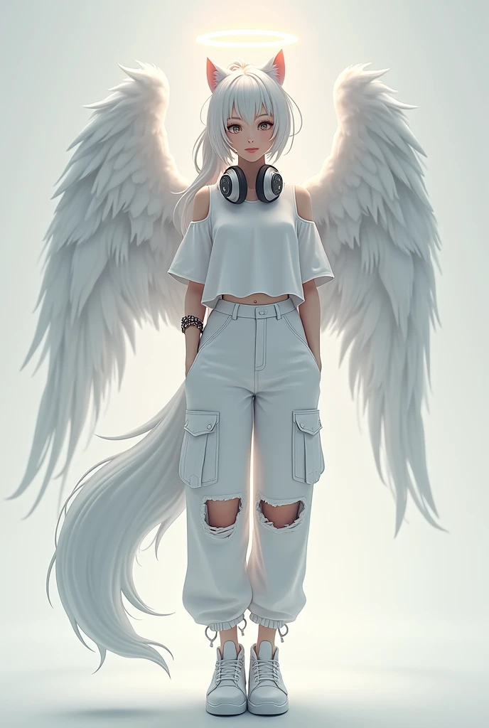 Character with white sneakers, a pair of ripped white pants with pockets a white blouse headphones around the neck, ángel wings, a wolf's tail, a white ponytail and white hair angel halo a symbol in the eye a bracelet of thorns on the wrist serious face with a small smile