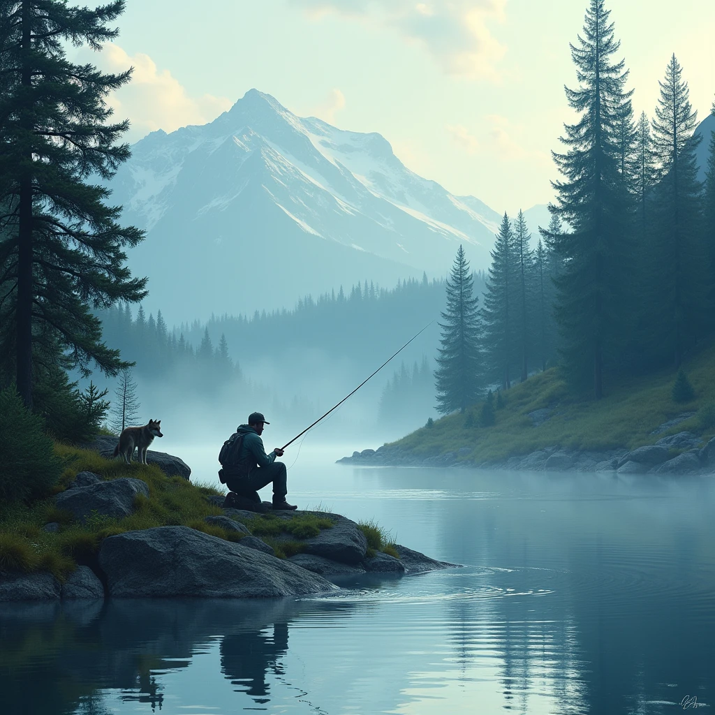 Fisherman river pines mountains wolves