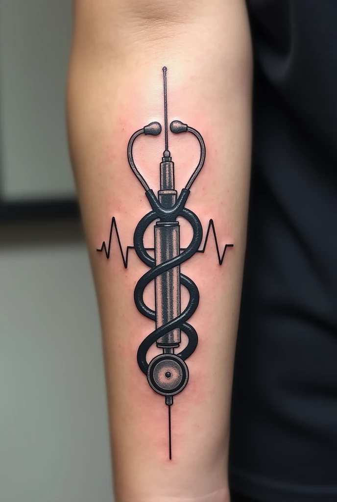 Give me a tattoo idea that represents the medical career. Being the main focus a syringe and a stethoscope 