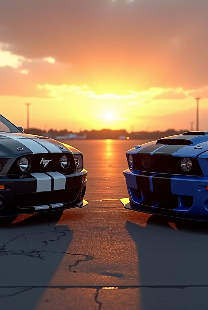 (Photorealism:1.2),soleil couchant, disused outdoor airport tarmac, Ford mustang GT 2005 dual black headlight white stripes+ 1969 ford mustang mach 1 blue with black stripes facing each other, lights on