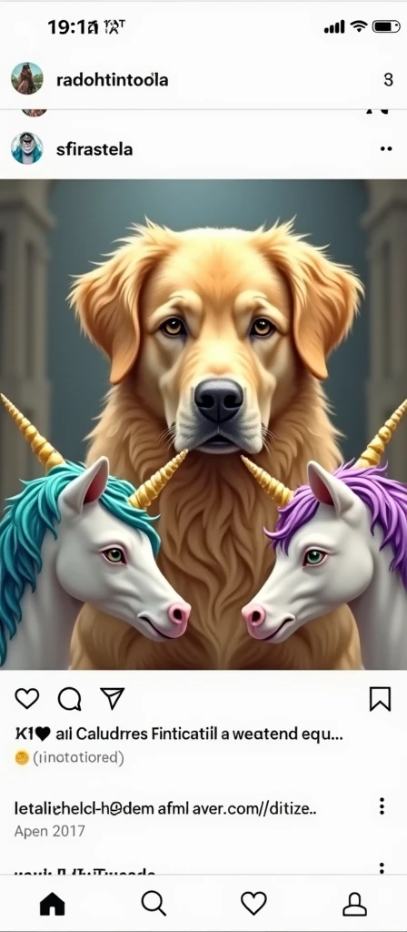 a golden dog looking straight ahead with colorful unicorns next to it

