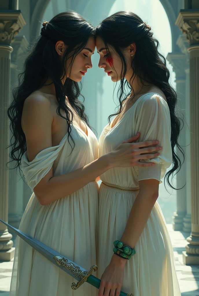 Create a drawing of a black-haired woman wearing a white dress typical of Rome, the right side of your forehead is stained dark red, she holds a silver jade-handled sword, Behind her is an ethereal-looking woman who wears a jade bracelet on both hands and both feet, she touches the black haired woman's shoulder and the black haired woman touches her hand with unspoken intimacy