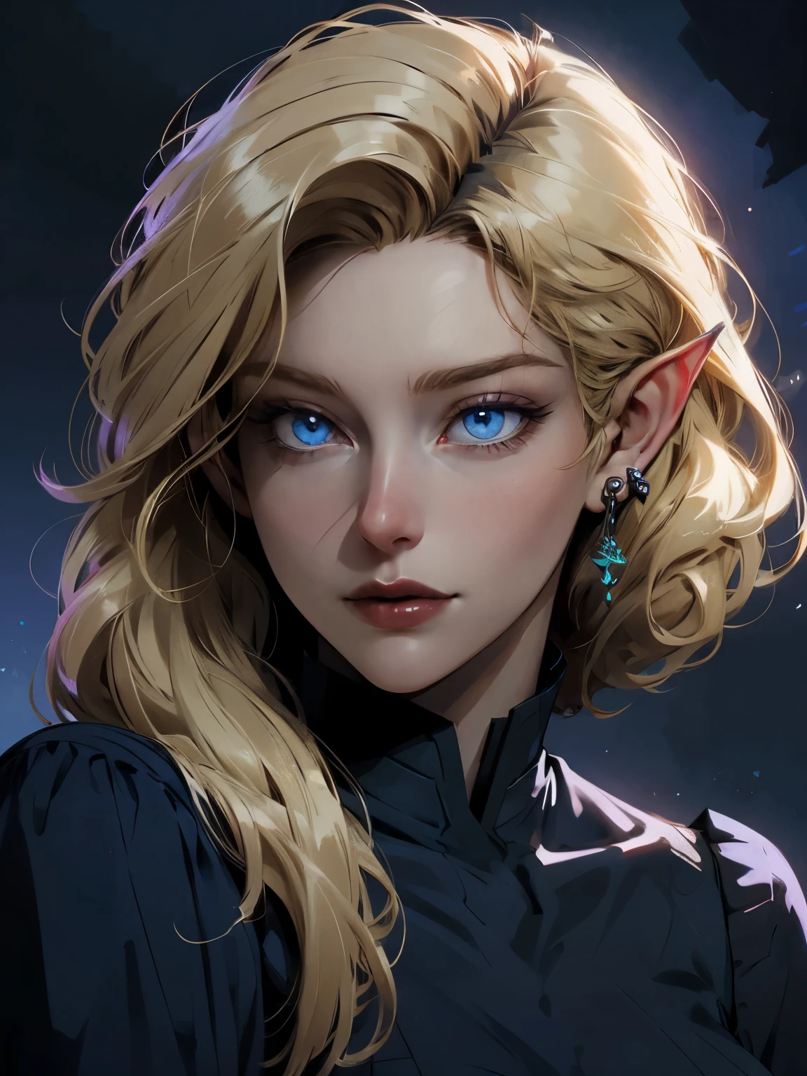  beautiful blond elven woman in her 30s, with blue eyes and striking features, exuding maturity and allure in a seductive pose.(dark-blue background), pointy ears, glowing eyes, beauty, blond medium hair, an14