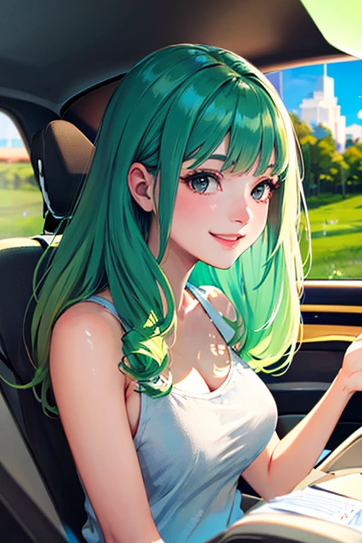 ((masterpiece)), (((best quality))), chromatic lighting,
colorized, green + white limited color palette, 
detailed concept drawing, driving a car,
portrait, 20yo 1girl, blue sky, medium soft breasts, slender, green, long green hair, black eyes, smiling
