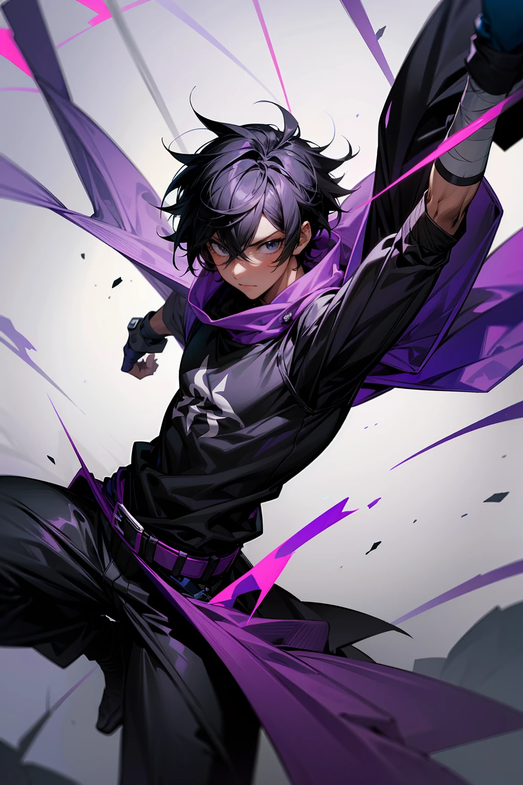 high quality, 1male, adult male, black eyes, black hair, medium length hair, darkskin, black bandages on arms, purple gloves, black and purple yukata, grey sweatshirt, serious