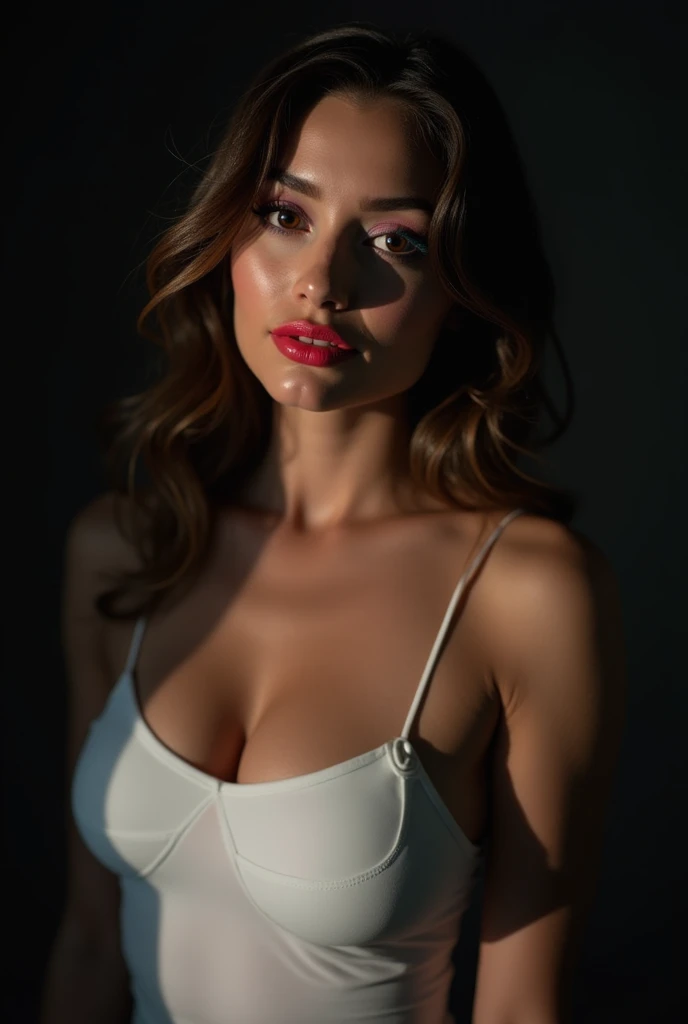 (absurd quality,16k,highres,masterpiece:1.2), ultra details,UHD,(photorealistic Realism 16K Quality), (Masterpiece, Top Quality, Best Quality, Official Art, Beauty and Aesthetics: 1.2), Extreme Detail, (ultra absurd quality, extremely detailed detail, hyper resolution, clear sharp focus, not blurry, Realistic brown_eyes:1.35), (perfect dark_eyeshadows), detailed lips:1.3,pink_makeup:1.22, long_blue_eyeliner:1.28, red_lipstick:1.35,(perfect dark_eyeshadows:1.4), (super detailed professional makeup on eyes:1.3), (Detailed nose:1.2), Depth of field, cinematic light, Lens flare, dslr, best high quality soft lighting, sharp focus captured by Fujifilm XT3, f 5.6, in a dramatic lighting, ((view the viewer:1.3)), (extremely beautiful face, beautiful lips), intricate detail face, ((ultra detailed skin)), ((firm big full breasts)), (1 Girl), in the deep shadow, (Very stretchy, loose pants: 1.3), ((white translucent, airy pants:1.3)), (Women Crop Top, , , (Low cut O-Ring Keyhole), Tops Slim Long Sleeve Shirt Black :1.22), extremely detailed, (Glamour, paparazzi taking pictures of her), ((High Contrast)), long legs, medium ass, (layer cut: 1.2), ((no_Panties)), ((Whitens skin, slim face)), slim belly: 1.2, (well-muscled body:1.32), The attention to detail, Double eyelids, (Erotic:1.3), satisfaction smile, gorgeous appearance, electrifying appearance, (Dynamic pose: 1.2), ((sharp focus)), (nude)
