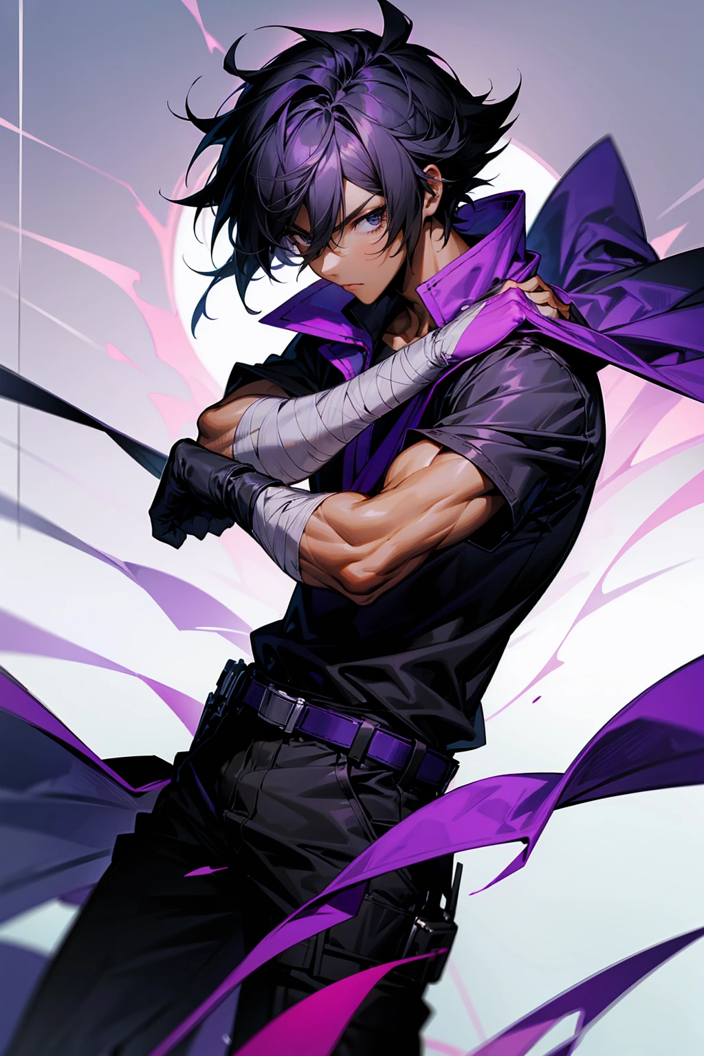 high quality, 1male, adult male, black eyes, black hair, medium length hair, darkskin, black bandages on arms, purple gloves, black and purple yukata, grey sweatshirt, serious