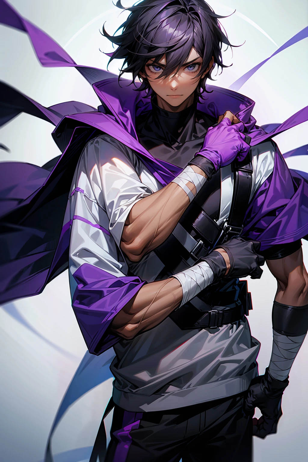 high quality, 1male, adult male, black eyes, black hair, medium length hair, darkskin, black bandages on arms, purple gloves, black and purple yukata, grey sweatshirt, serious