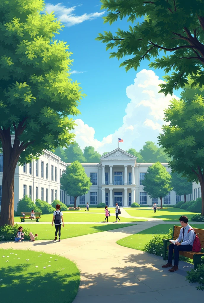A high school in a small town is a quiet school with white and blue buildings, green lawns and big trees surrounding the school.