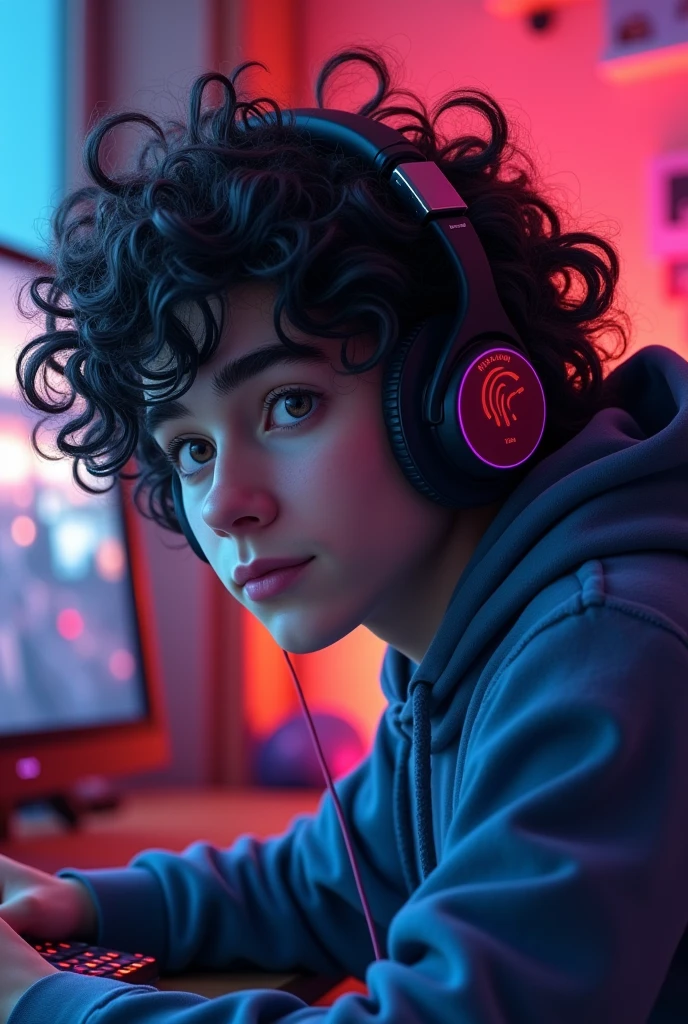 Character 1 male long curly hair 3c,with gaming headphones on his back playing