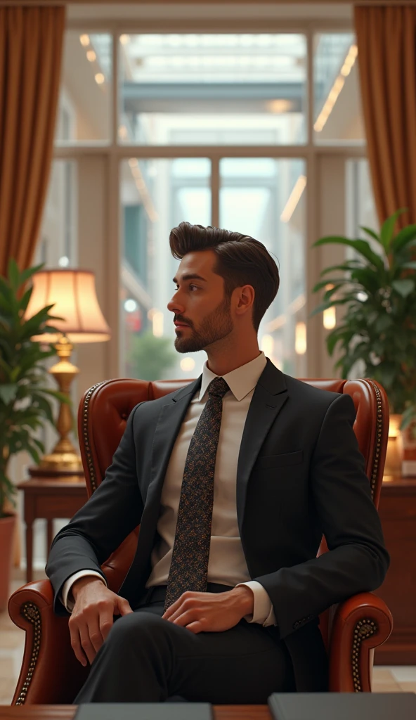 A rich handsome businessman at his fancy office, at a shopping mall, pixar style, cinematic, masterpiece, high-aesthetic, realistic