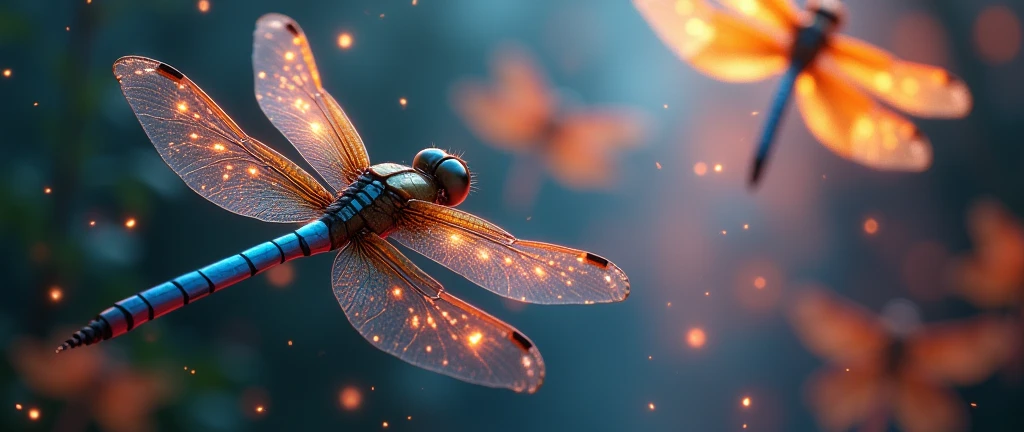 Multiple colorful dragonflies flying with bright lights.