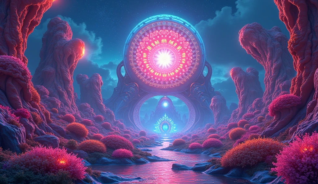8k, digital art, psychedelic mushroom land, neon glowing alien fauna, and a giant boob Palace