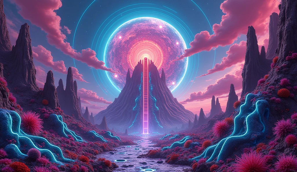 8k, digital art, psychedelic mushroom land, neon glowing alien fauna, and a giant boob Palace 