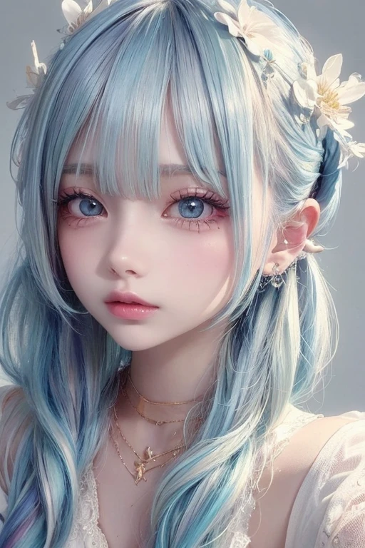 (masterpiece), (best quality), (Extremely detailed),(Messy hair),(illustration), (1 Girl), (Fashion), permanent, fashion model, Looking at the audience, (interview), (Simple background),Beautiful and delicate eyes, Delicate and beautiful face, floating,(High Saturation),(Colorful splash),Colorful bubbles,(shining), Focus on the face, Ponytail, Kamisato Ayaka, Light blue hair, Bangs, Hair ring, Floating flowers, Floating hair, (shining), Optimal lighting, Best shadow,