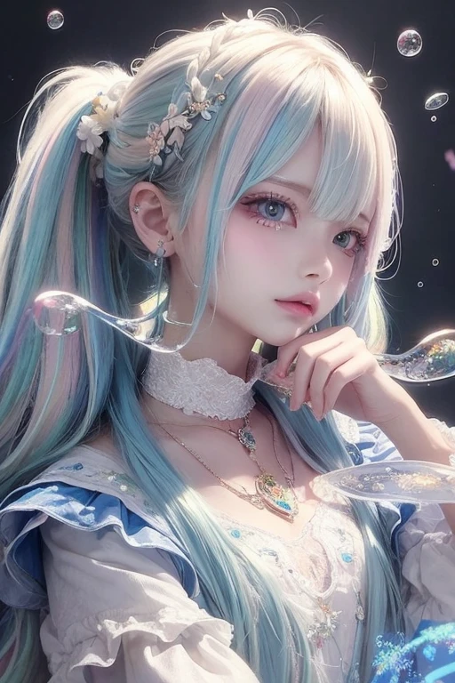 (masterpiece), (best quality), (Extremely detailed),(Messy hair),(illustration), (1 Girl), (Fashion), permanent, fashion model, Looking at the audience, (interview), (Simple background),Beautiful and delicate eyes, Delicate and beautiful face, floating,(High Saturation),(Colorful splash),Colorful bubbles,(shining), Focus on the face, Ponytail, Kamisato Ayaka, Light blue hair, Bangs, Hair ring, Floating flowers, Floating hair, (shining), Optimal lighting, Best shadow,