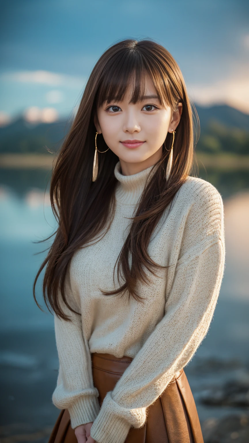 A beautiful woman standing by the lake、Japanese、Age 25、Model body type、Small face、Small breasts、Wearing a sweater、Wearing a skirt、Wearing boots、Hands behind back、(((The whole body can be seen from the front)))、Anatomically correct body、, light brown hair, crossed bangs, asymmetrical bangs, floating hair, straight hair, expressive hair, shiny hair, long hair, symbol-shaped pupils, earrings, parted lips, seductive smile, Surrealism, Expressionism, cinematic lighting, tachi-e, first-person view, Nikon, UHD, masterpiece, super detail, best quality, highres, anatomically correct