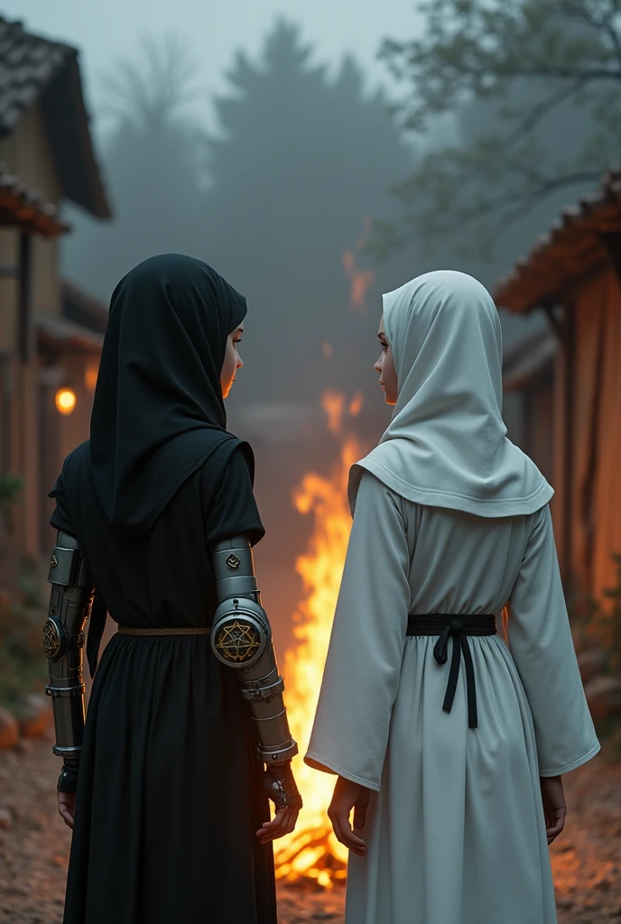 Two albino pre-s from the Middle Ages with white hair and violet eyes with their backs turned to each other, the one on the left wearing black alchemist clothes without a hood and with her left arm wearing a steampunk prosthesis with a pentagram, and the sister on the right wearing white nun clothes with a hood and a cross necklace., facing a bonfire in a village.