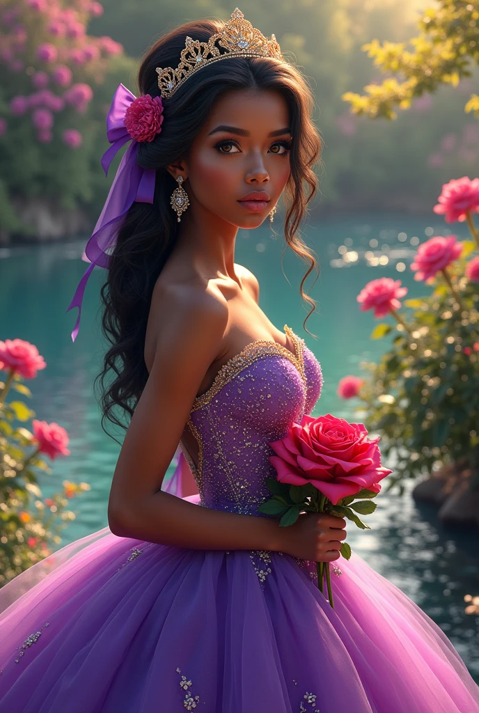 Dark-skinned woman wearing a purple quinceanera dress and a purple bow in the back with pink flowers, purple and yellow with a golden crown with silver stones and a red rose in a lake in the afternoon full of flowers and green leaves