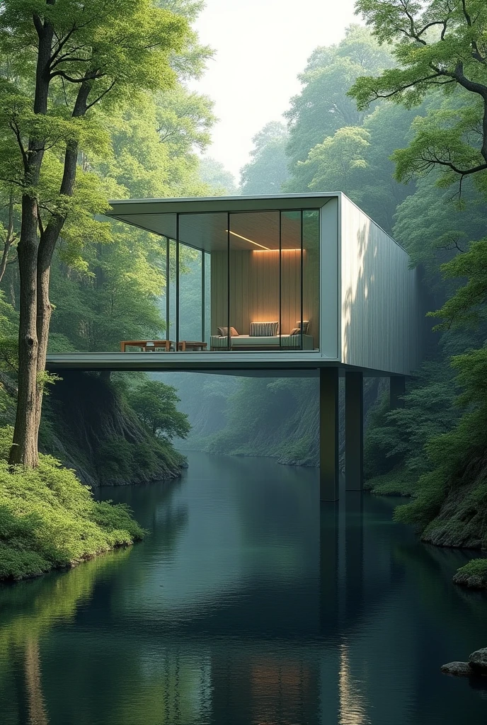 High Pavilion, lost among the trees, built in steel, in front of a lake