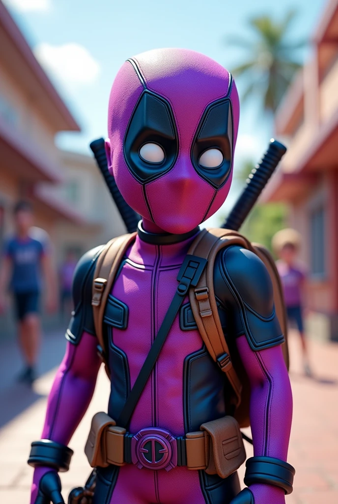 Purple Deadpool with school backpack, smiling