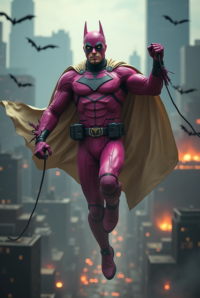 Malaysia man in high-tech suit, vivid effects, malaysian superhero (KELUANG MAN) in a striking pink and beige costume cyberpunk design, mask small mini bat ear beige, daredevil beige mask, jumpsuit dark pink stands confidently in a dramatic.jumping from high place.hero costume.one hand rise up. Big triangle logo on the chest.high detail Punisher logo on the chest. Fighting pose , stormy landscape. ((Head covered node guard like batman. Running pose , athletic body type, small mini ear bat mask))The character wears domino mask a helmet with pointed mini torn ears and a flowing cape biege, open nose and mouth. Equipped with visible futuristic weapons on a belt,bullet proof jacket pink dark day.show fingers pose, dark night, big supermoon effect . Small logo on chest triangle shape small punisher logo center(( skull triangle Casey Jones mask shape logo)) center on chest pink logo mini logo . rocky. Building top.smoke ground , bomb effect background, losse pants, losses costume.adding to --ar 3:4 --style raw --stylize 500 --v 6.1. chaos. Lot of small flying bat. One leg on the high stone. Man. Wear hologram watch.. Real man age 40 year old. One hand holding belt.one hand holding black rope hanging on building. Big pant pink. Beige cape joodie.(( Loose pant)) , jump on high building)marvel , X-Men.
