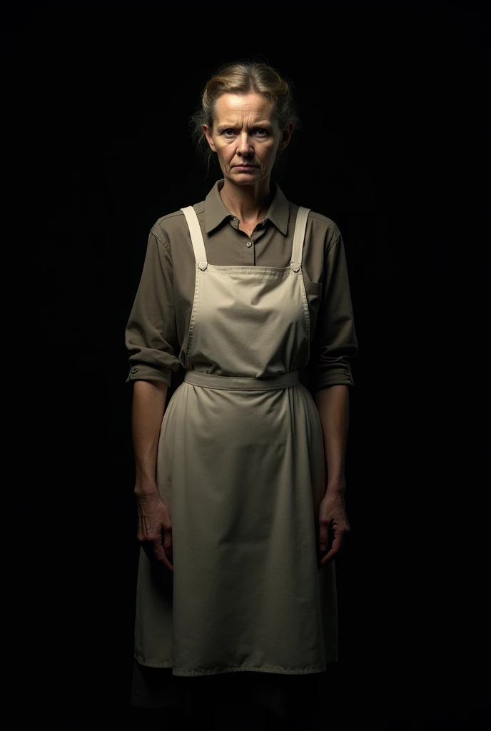 Caucasian mature woman, 3, dressed as a housewife, hair up, a little ugly, Catalog photo, full body, black background, dark environment.
