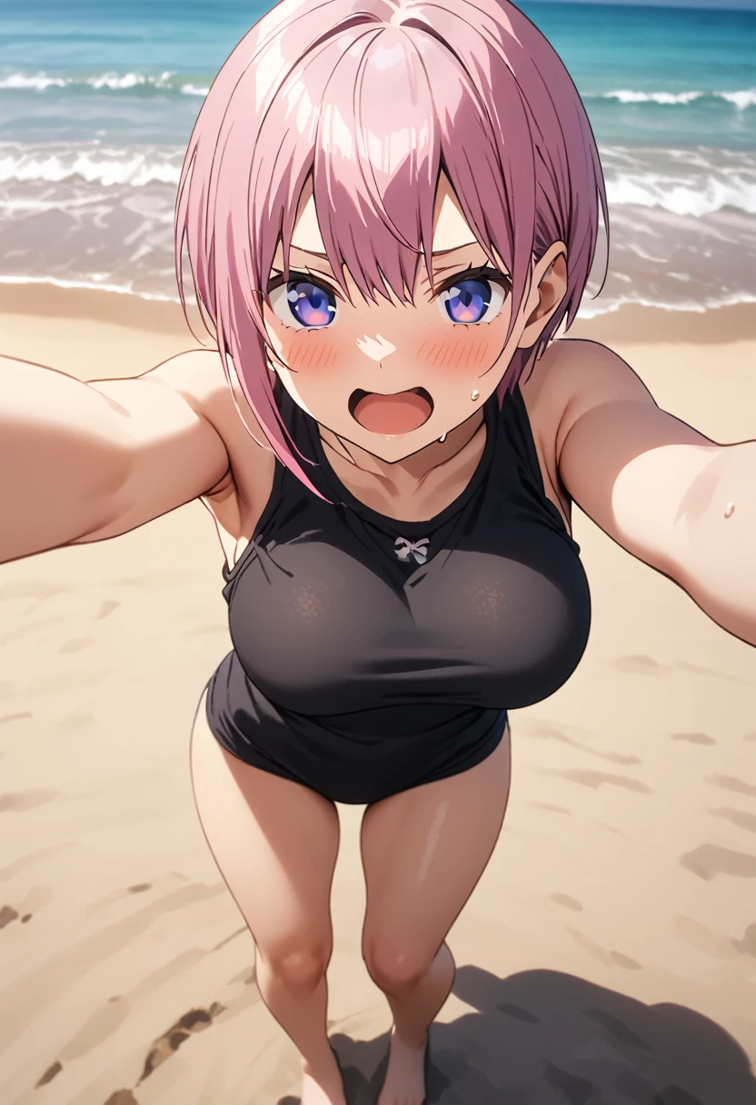 (Highest quality, 4K, 8k, High resolution, masterpiece:1.2), Very detailed, Picturesque, Animated Photography, Photo Animation:1.37)、A Japanese highschoolgirl、(Pink Hair)、(Pixie Cut)、Large Breasts、in a beach、under wear、(under wear color:random)、black cheokr、Ecstasy face、trembling、Sweat、Full body photography、selfie、Nakano ichika
