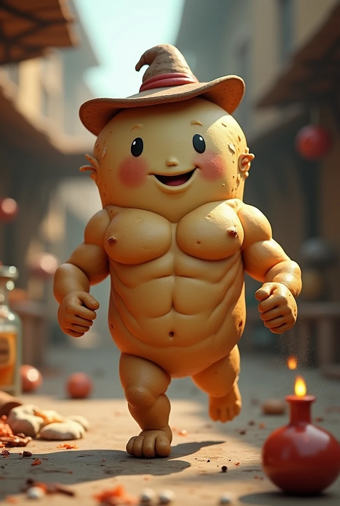 MUSCULAR BREAD DOUGH WITH A HAT BUT THEY STEAL A POTION NOT FAT AND THEY CHASE HIM BUT VERY CUTE BUT ALL MUSCULAR BUT VERY REALISTIC BUT WITHOUT TITS