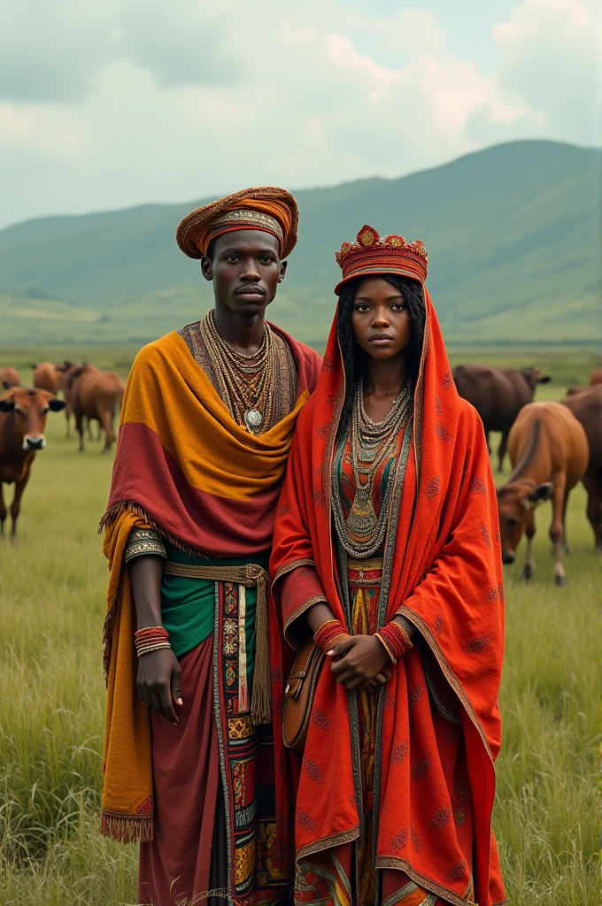 The Ethiopia couples that was in the countryside they clothes are cultural the background are Ethiopia countryside like grass and cow
