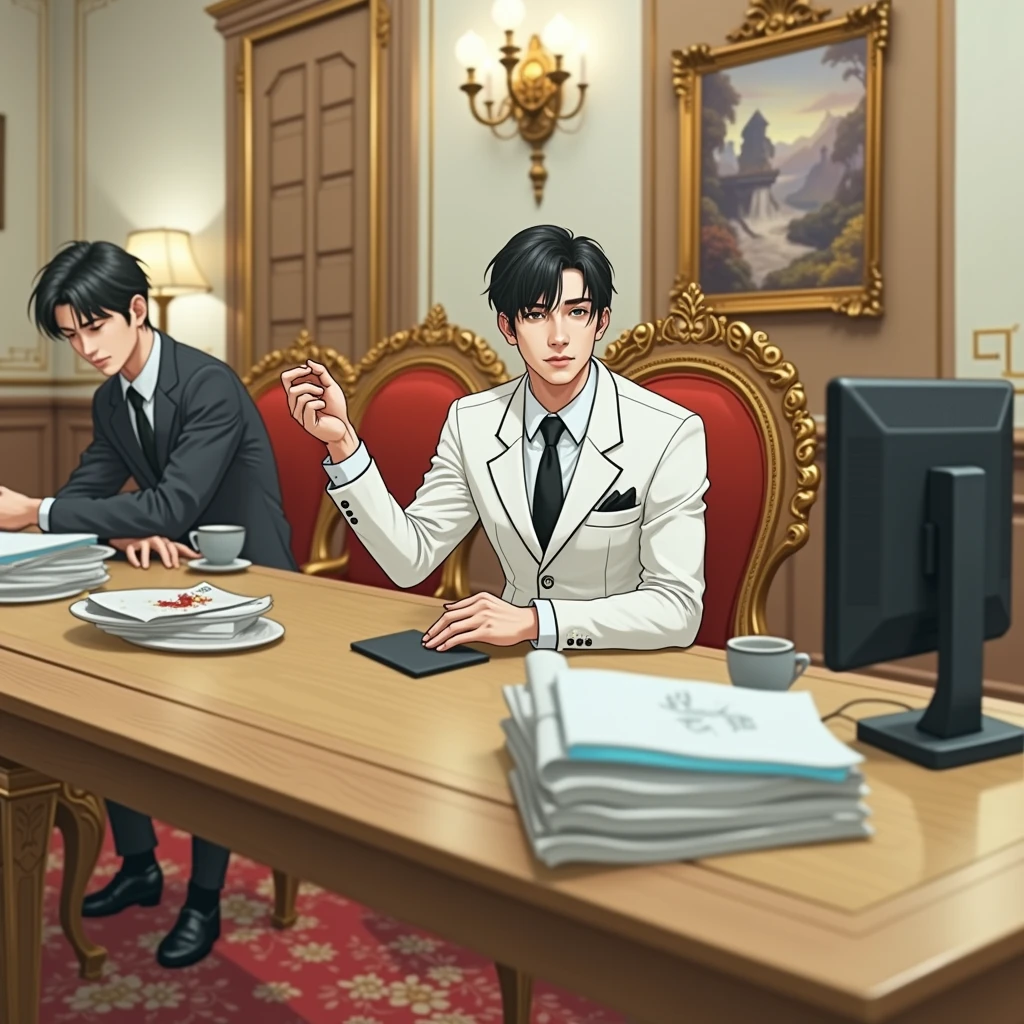 (Manhwa:3.2) Black Hair, Green Eyes, Handsome Face Red Suit, Black Tie, Royal Room Background, Sitting in a chair,