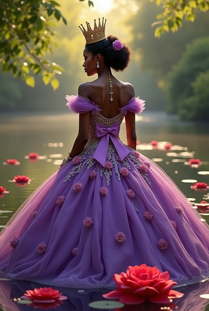 Dark-skinned woman wearing a purple quinceanera dress and a bow on the back of the purple dress with pink flowers, purple and yellow with a golden crown with silver stones and a red rose in a lake in the afternoon full of flowers and green leaves