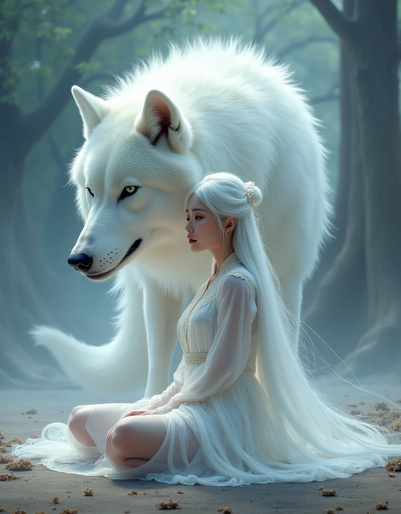 a chinese woman in a short cropped white chinese dress with long white hair sitting on the ground with a big white wolf next to her, mystical art, fantasy art, epic digital painting, epic digital art illustration, wlop painting style, wlop art