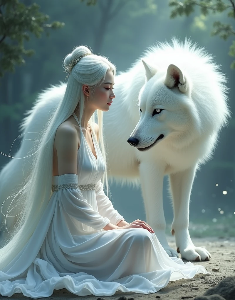 a chinese woman in a short cropped white chinese dress with long white hair sitting on the ground with a big white wolf next to her, mystical art, fantasy art, epic digital painting, epic digital art illustration, wlop painting style, wlop art