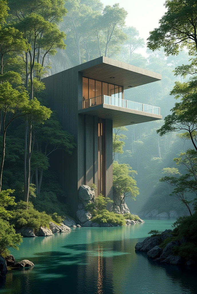 High Pavilion, lost among the trees, built in steel, in front of a lake
