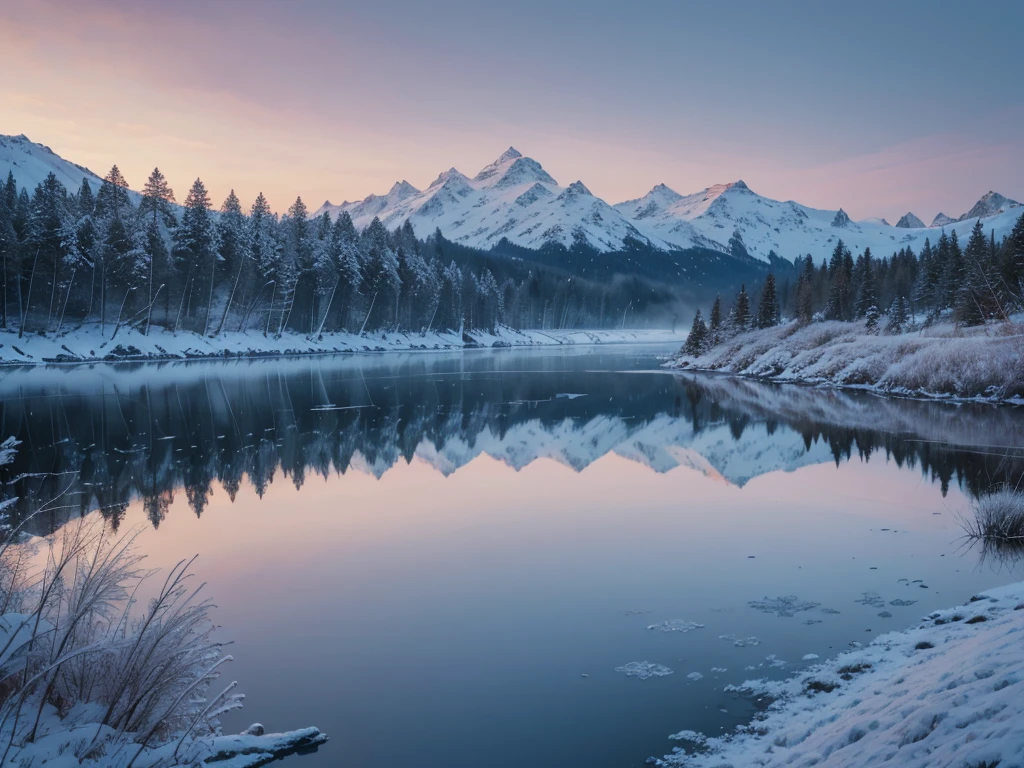 Frozen lake, morning dawn, severe frost, frost, snowing, 4k, high resolution, high detail, random angle, hyperrealism, 300mm, f/10.0, 1/1600ms, HDR